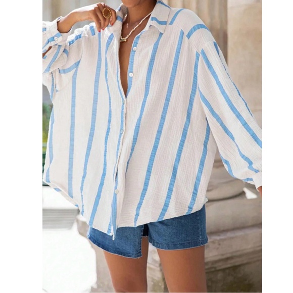 Blue on White Striped Oversized Button Down Shirt Long Sleeve - Picture 3 of 6